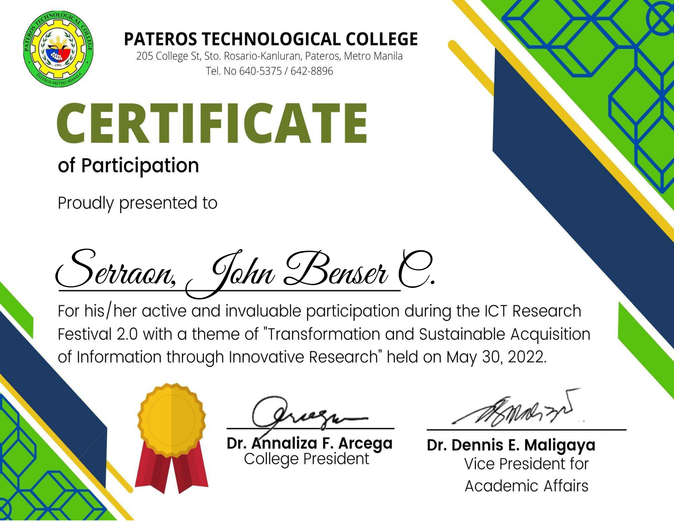 Pateros Tech College ICT Research Festival Certificate
