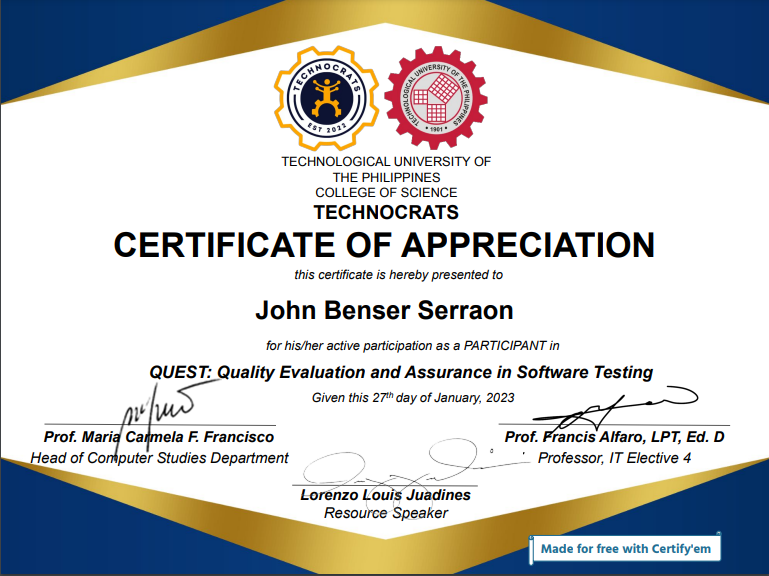 TUP QUEST Software Testing QA Certificate