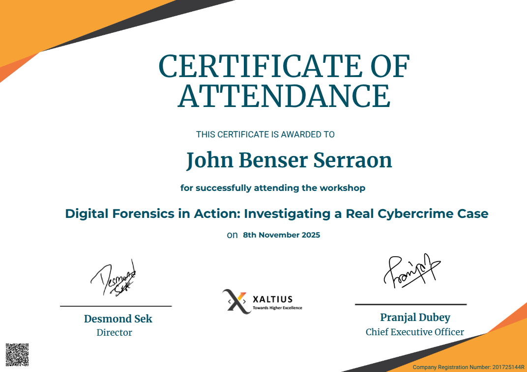 Xaltius Digital Forensics in Action Certificate